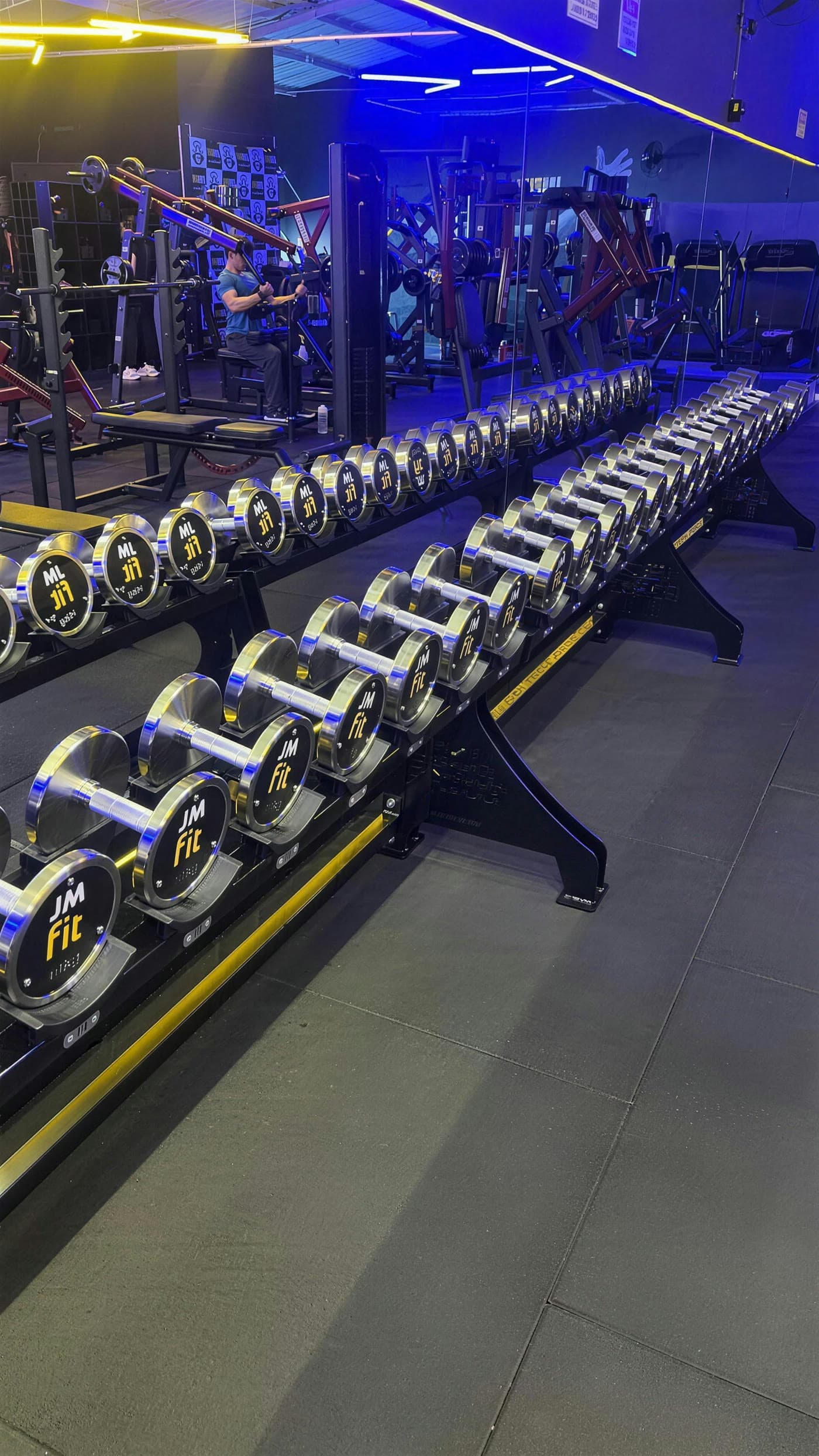 Área de peso livre da JMfit com alunos treinando